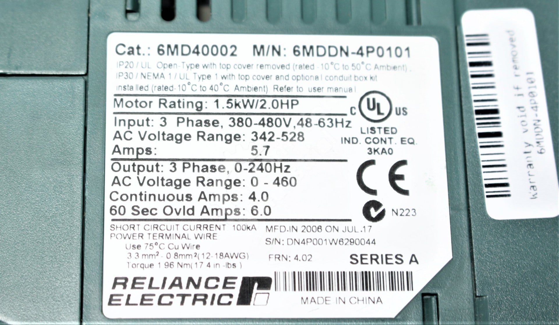 Reliance Electric 6MDDN-4P0101 6MD40002 2HP Drive 3 Phase MD60 Series