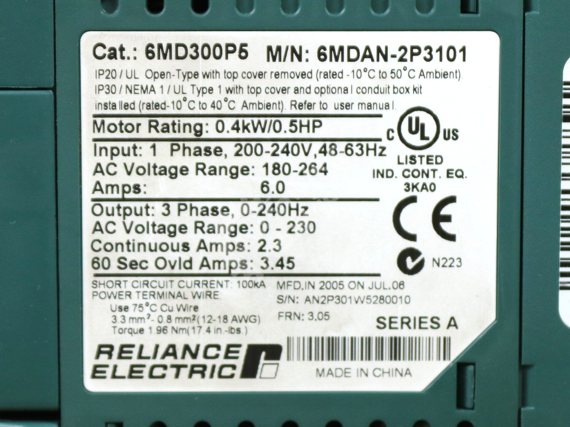 6MDAN-2P3101 By Reliance Electric MD60 0.5HP 240V 50/60Hz AC Drive