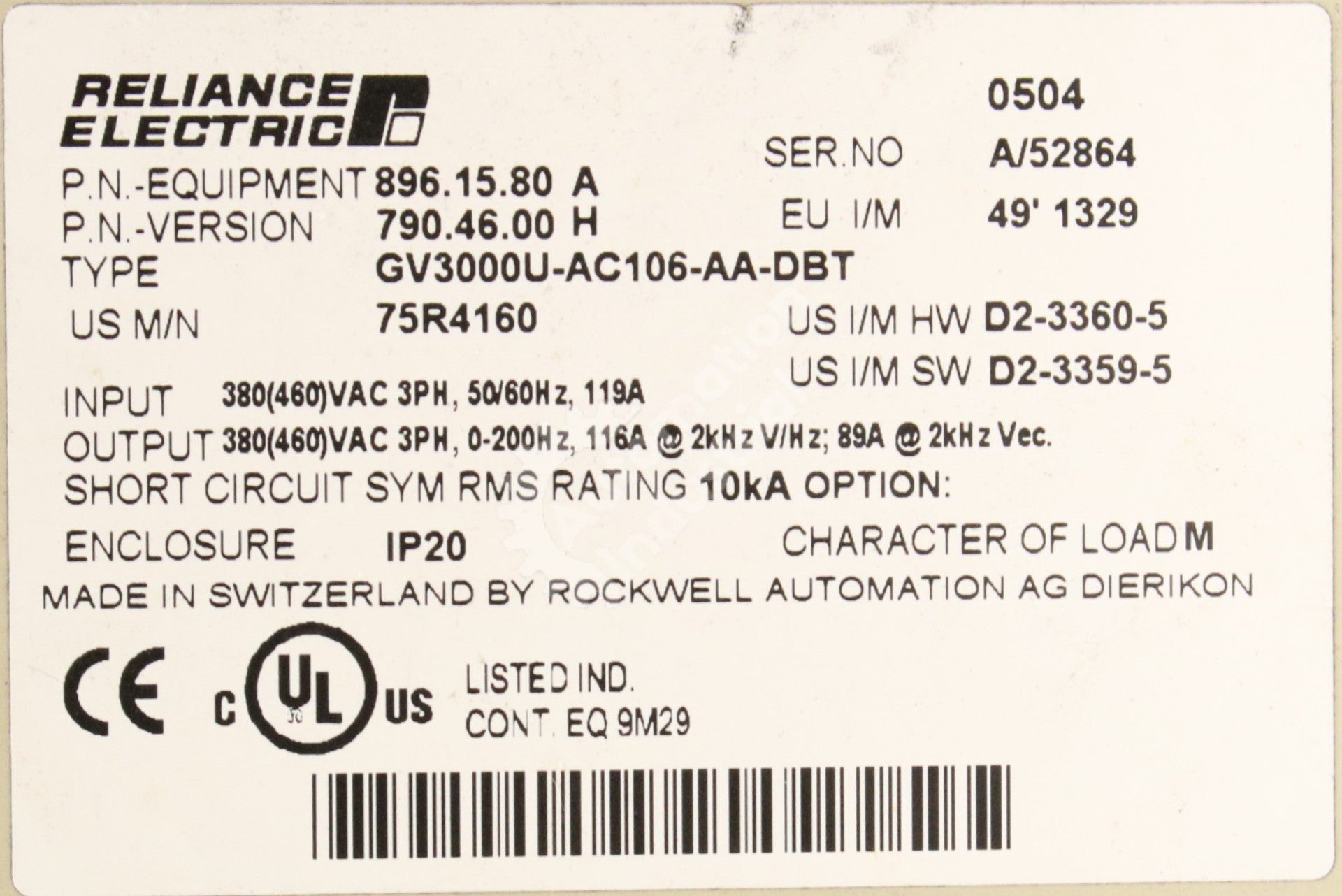 GV3000U-AC106-AA-DBT by Reliance Electric 75R4160 75HP 460V AC Drive GV3000