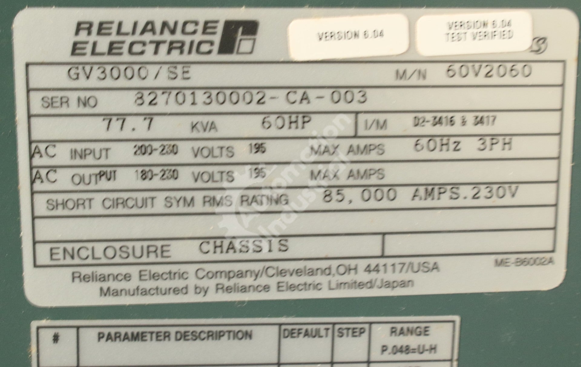 60V2060 by Reliance Electric 60HP 230V GV3000 Drive New Surplus Factory Package