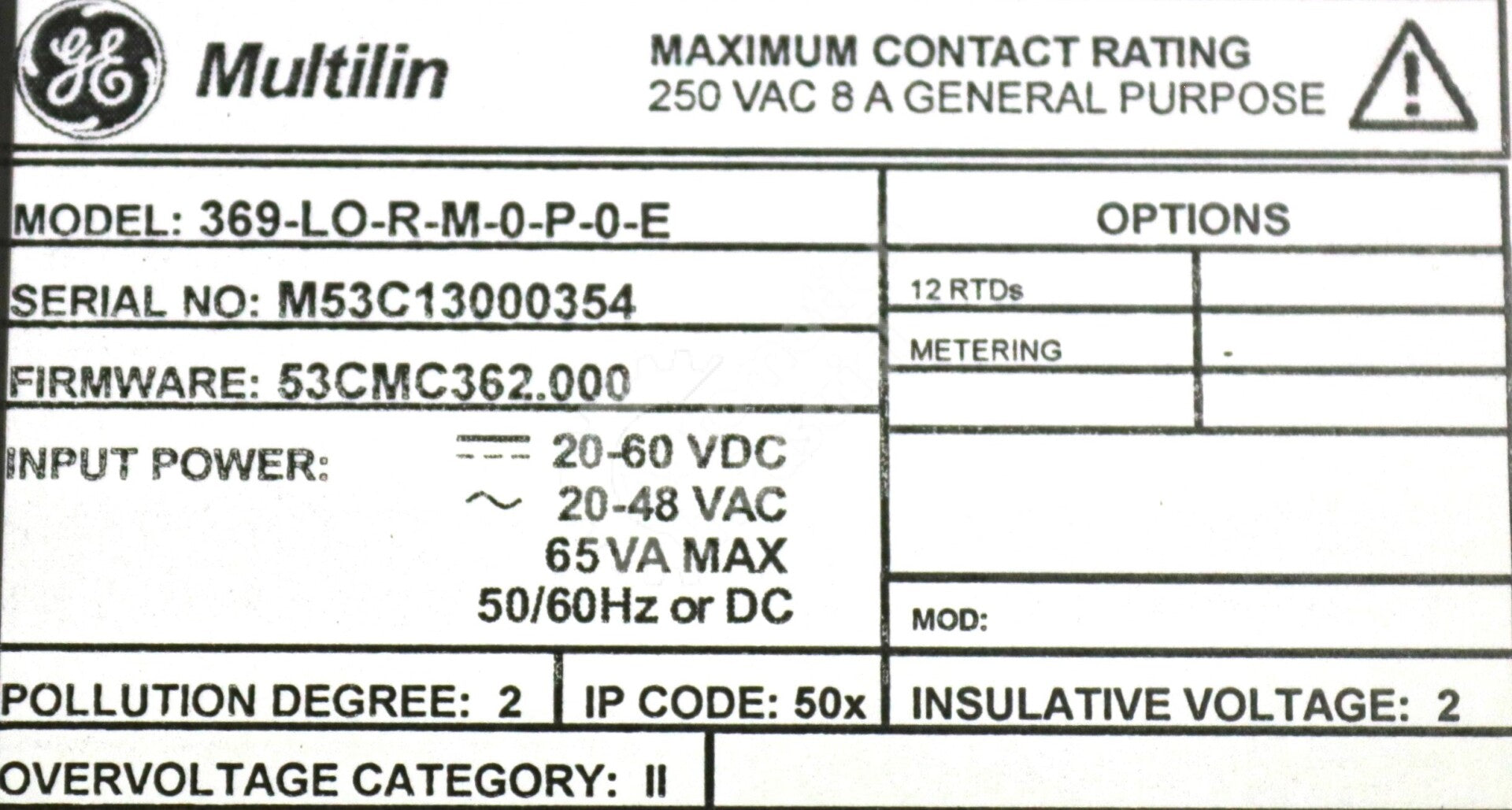 369-LO-R-M-0-P-0-E By GE Multilin 369 Motor Management Relay New Surplus No Box