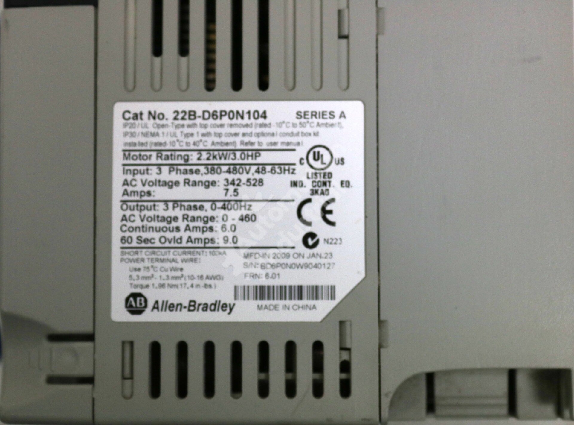 22B-D6P0N104 By Allen Bradley 3-Phase 3HP ADJ Frequency PowerFlex 40 AC Drive