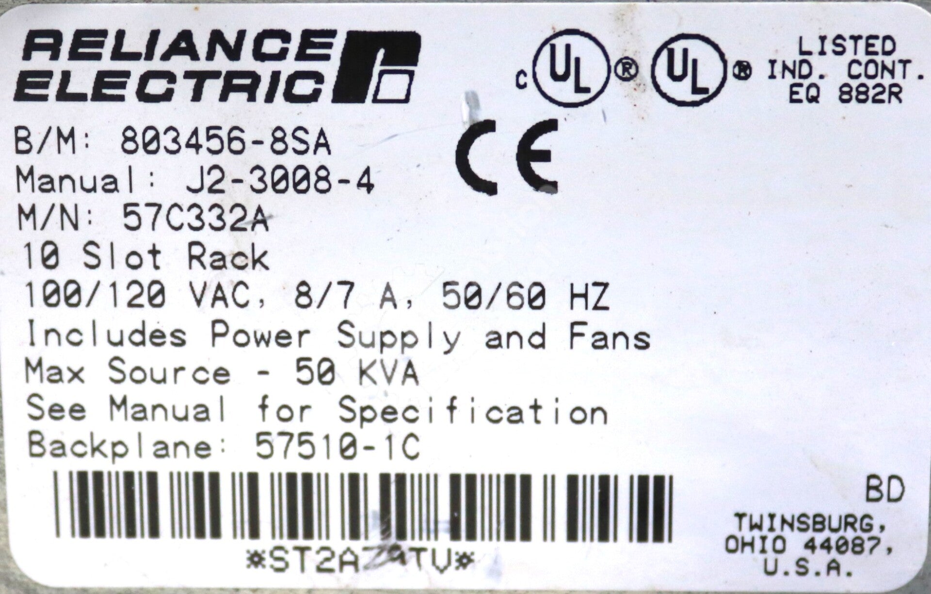 57C332A By Reliance Electric 100/120 VAC 10-Slot Rack Assembly AutoMax