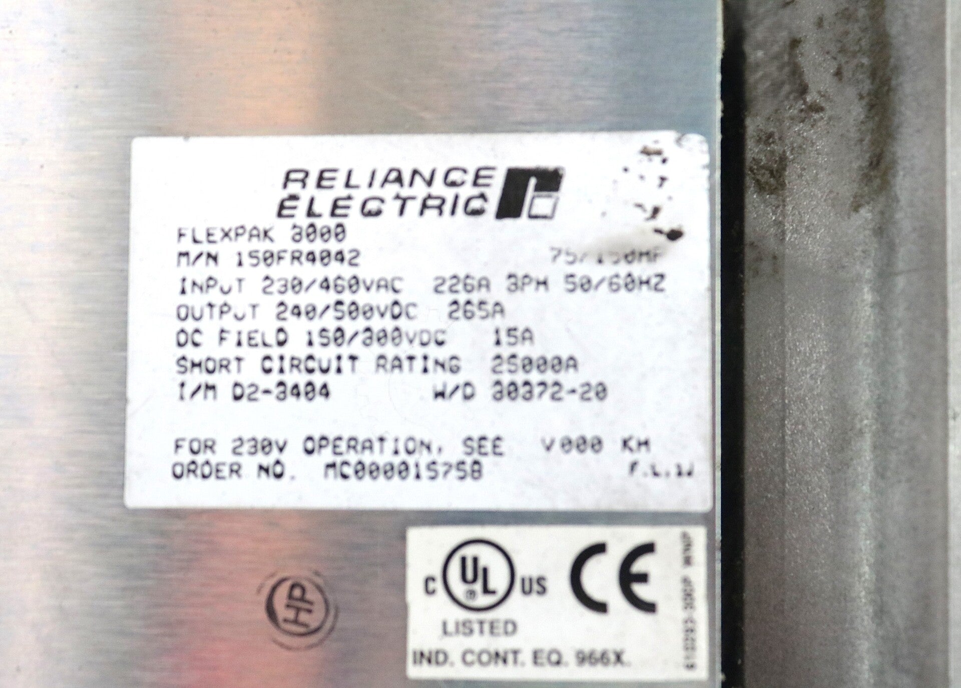 150FR4042 By Reliance Electric 3-Phase 460VDC 150HP FlexPak 3000 DC Drive