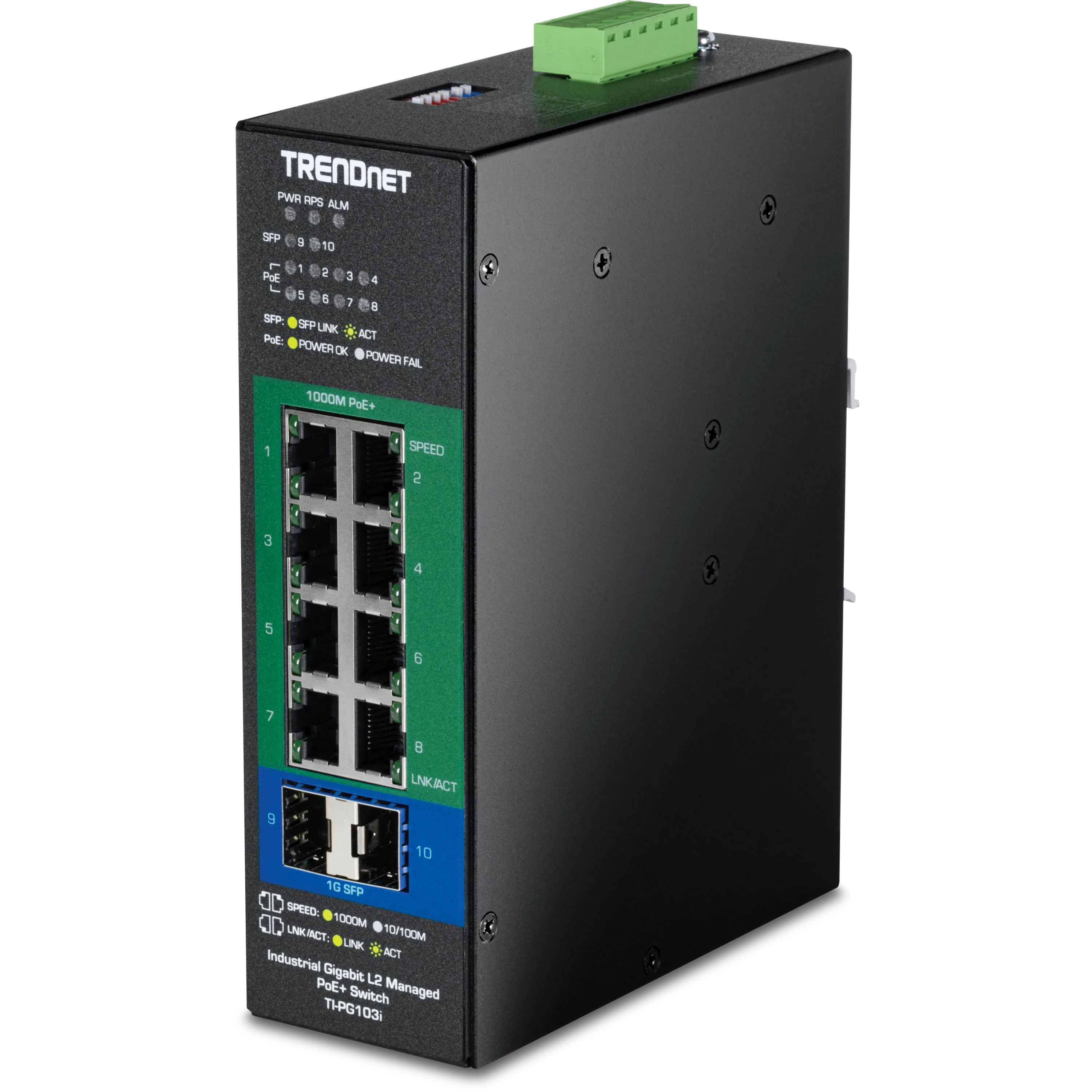 TRENDnet TI-PG103 10-Port Industrial Gigabit L2 Managed PoE+ DIN-Rail Switch 24-57V
