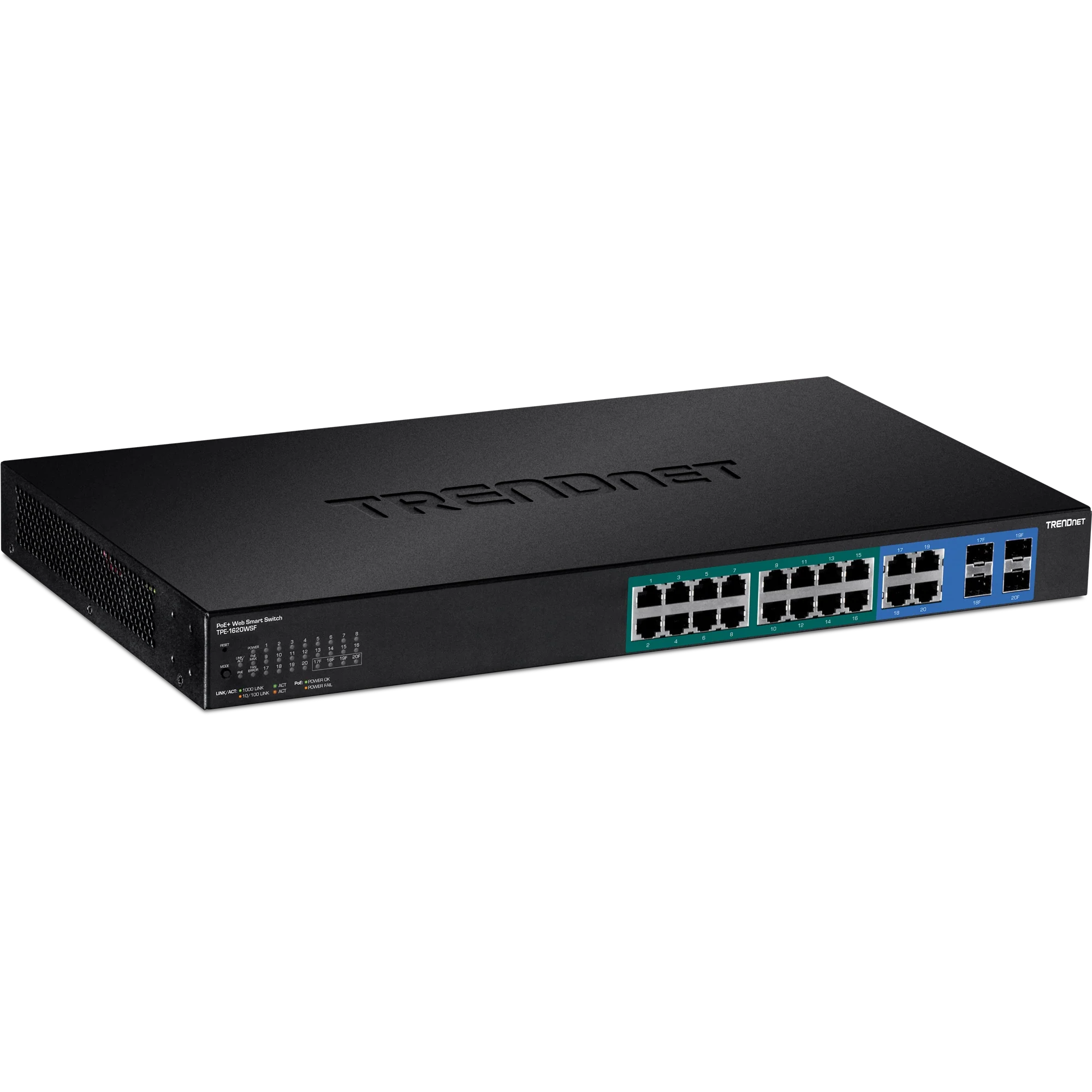 TRENDnet TPE-1620WSF 20-Port Gigabit Web Smart POE+ Switch w/ 2 Shared SFP Slots (16 PoE+, 2SFP) (370W)