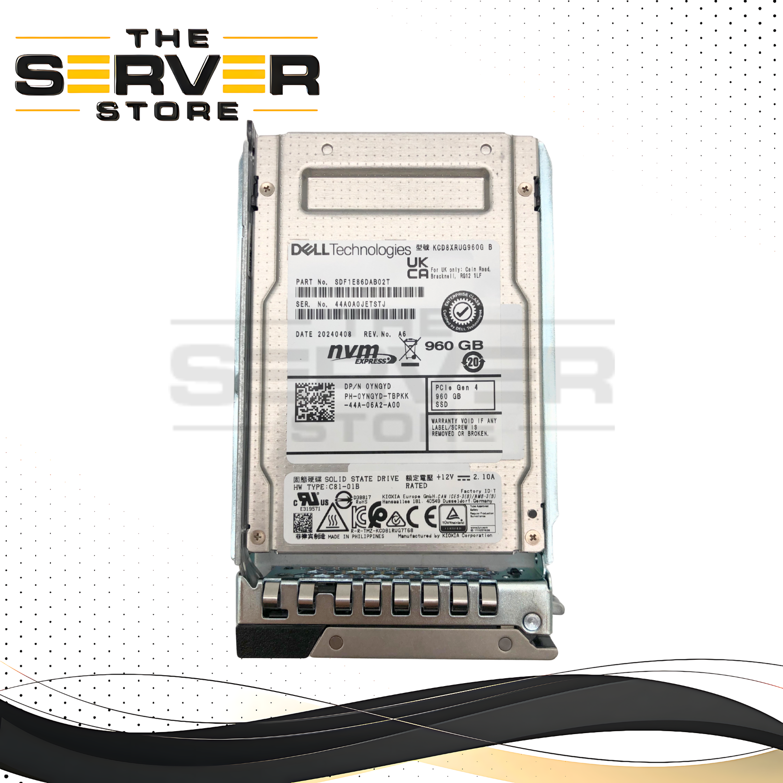 Dell Kioxia 960GB NVMe PCIe Gen4 2.5-inch U.2 Solid State Drive (SSD) with 14-Gen Tray. * (0-10 POH) 100% Health. * P/N: YNGYD.