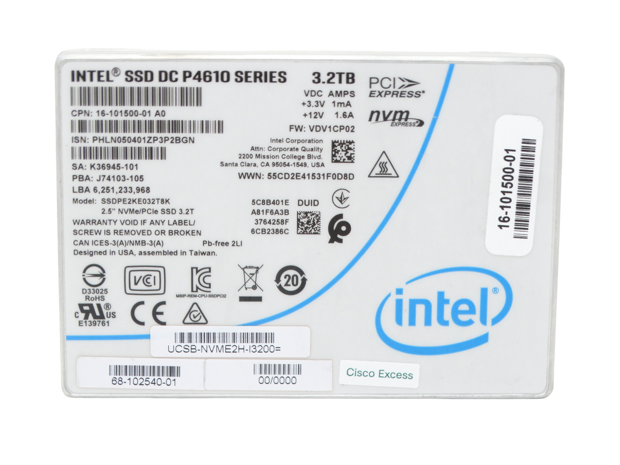 Cisco 3.2TB NVMe U.2 PCI Gen 3.0 x4 SFF 2.5" MU SSD Intel DC P4610 SSDPE2KE032T8K Series 16-101500-01 UCSB-NVME2H-I3200