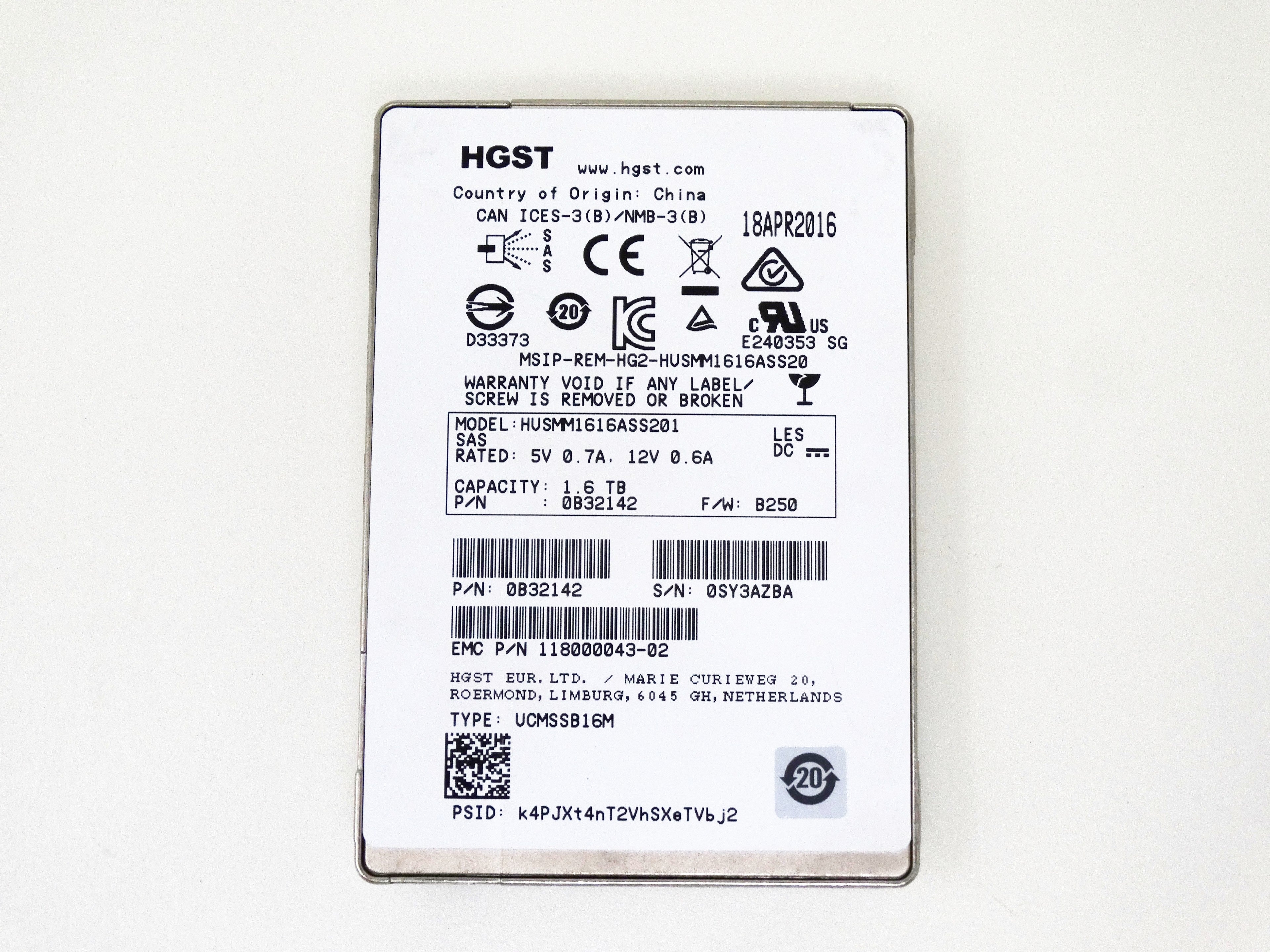 EMC / HGST 1.6TB 12Gbps 12G SAS 2.5'' SFF SSD Solid State Drive (118000043-02)