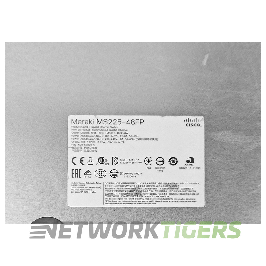 NEW Cisco Meraki MS225-48FP-HW 48x 1GB PoE+ RJ45 4x 10GB SFP+ Unclaimed Switch