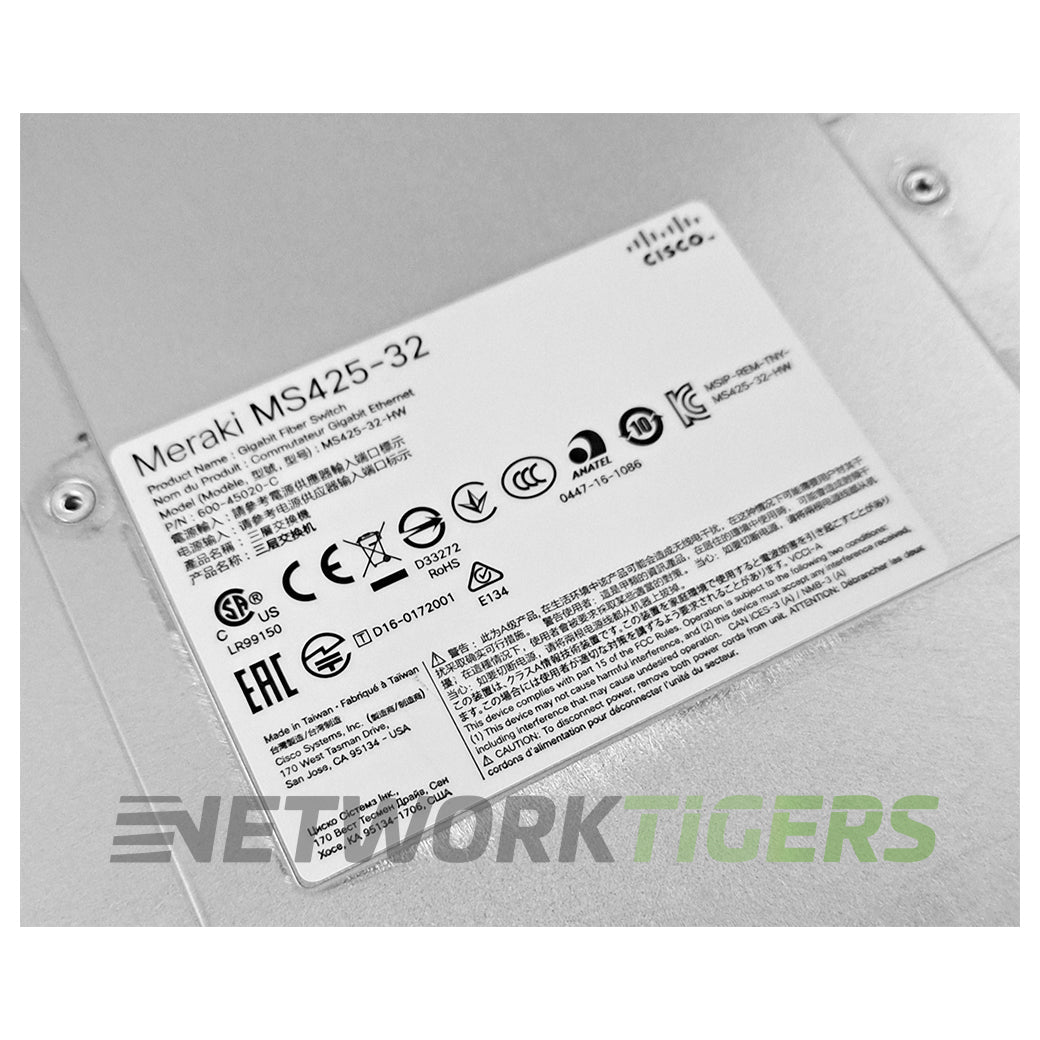 Cisco Meraki MS425-32-HW 32x 10GB SFP+ 2x 40GB QSFP+ Unclaimed Switch