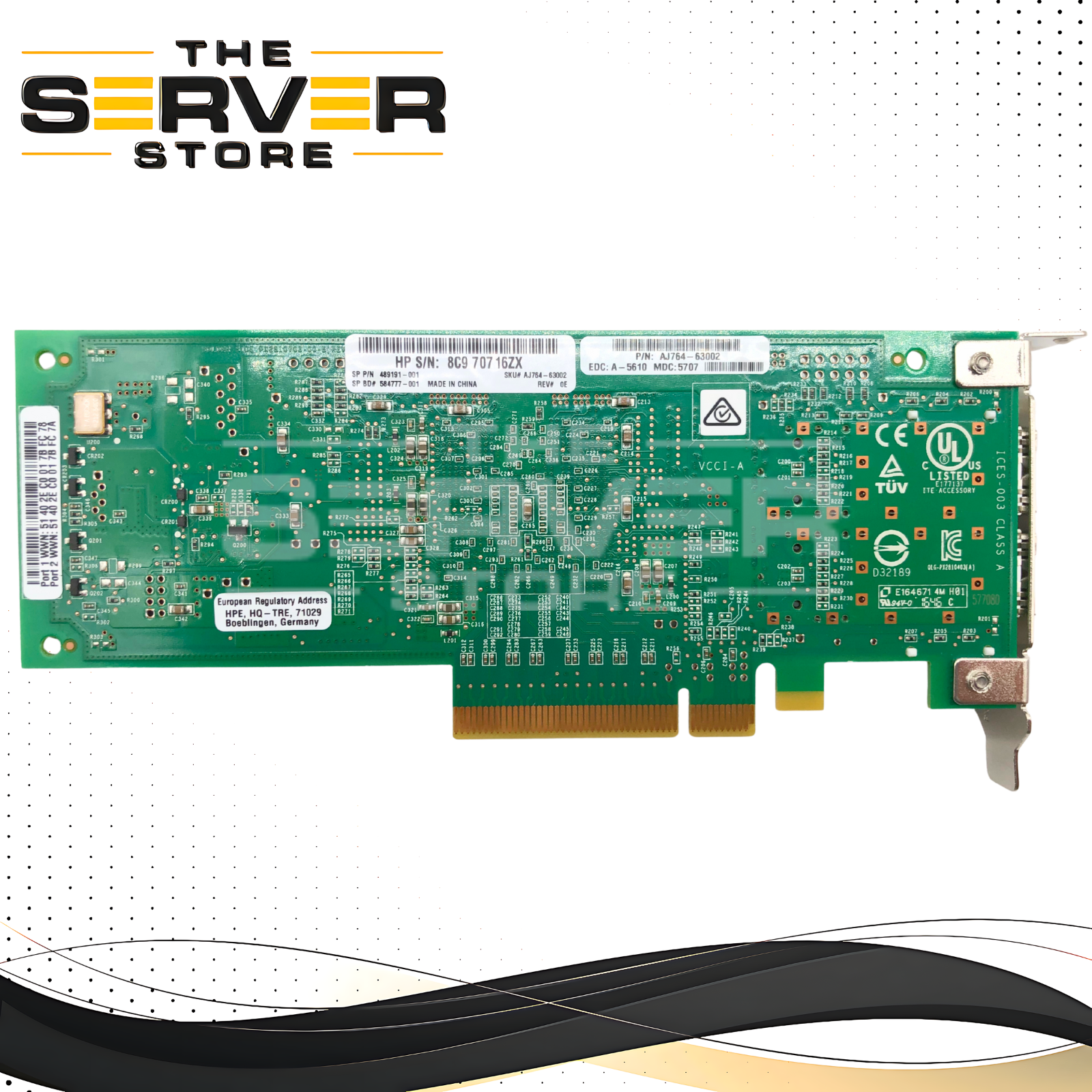 HP 82Q QLogic QLE2562 8Gb/s Dual-Port Fibre Channel (FC) Host Bus Adapter (HBA). P/N: QLE2562-HP, PX2810403-20, 584777-001, AJ764-63002, 489191-001.