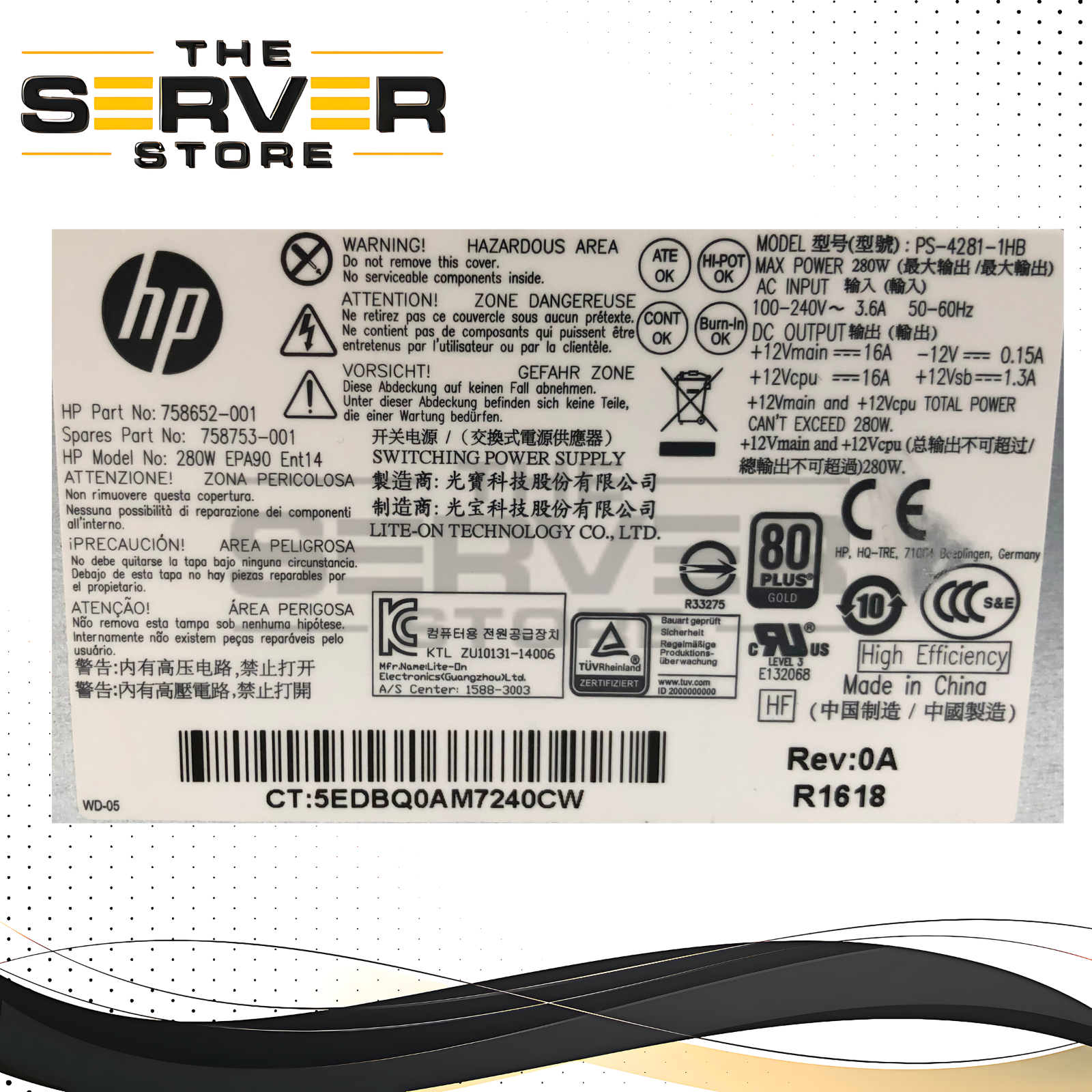 HP 280W 80+ Gold Power Supply Unit (PSU) for ProDesk 600 G1 & EliteDesk 800 G1 SFF. P/N: PS-4281-1HB, 758753-001, 758652-001.