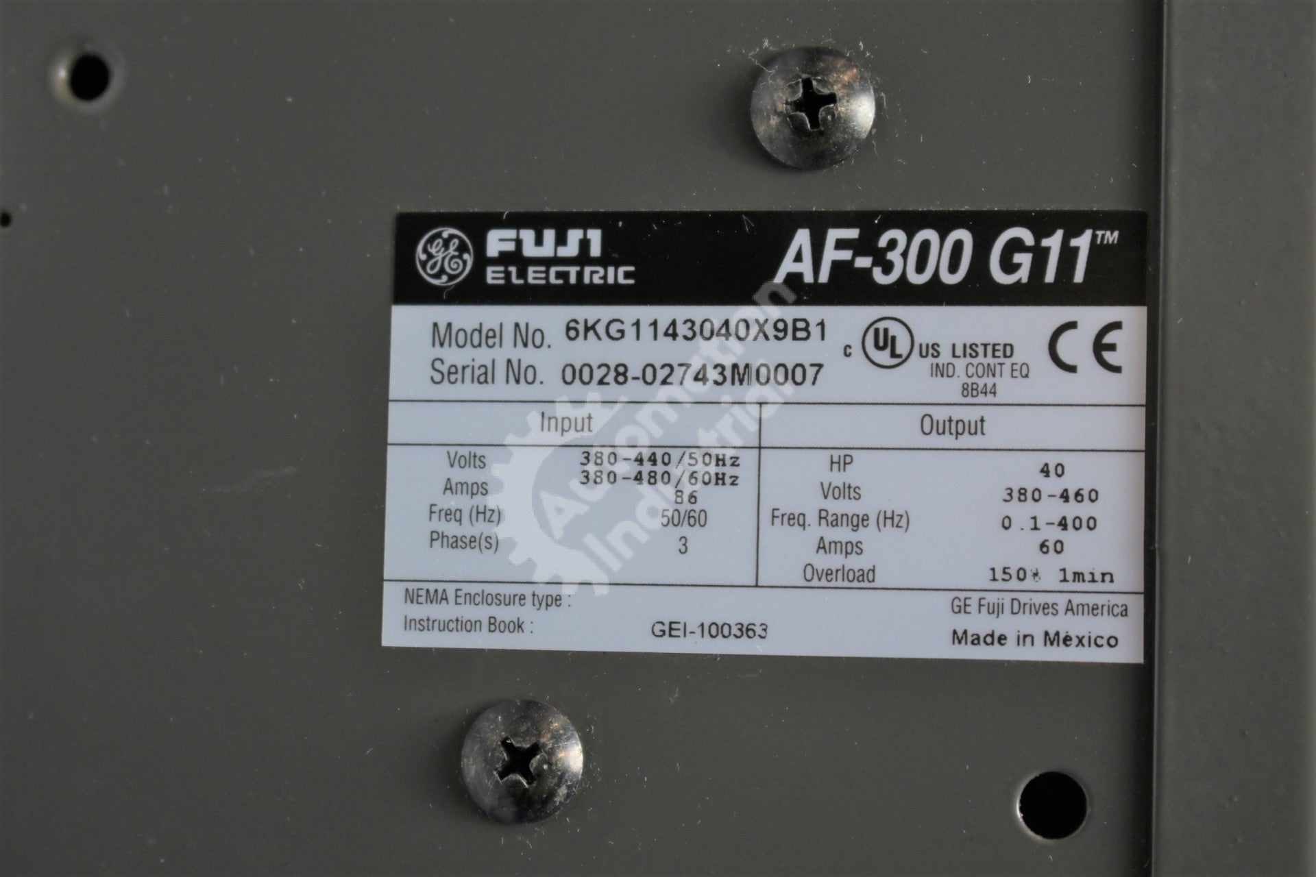 General Electric GE Fuji 6KG1143040X9B1 VFD 40HP 3 Phase 460VAC
