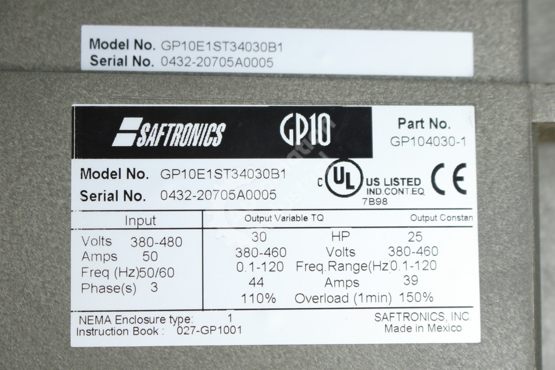 Saftronics GP10E1ST34030B1 30HP 460VAC 3PH Drive W/Keypad NEMA1