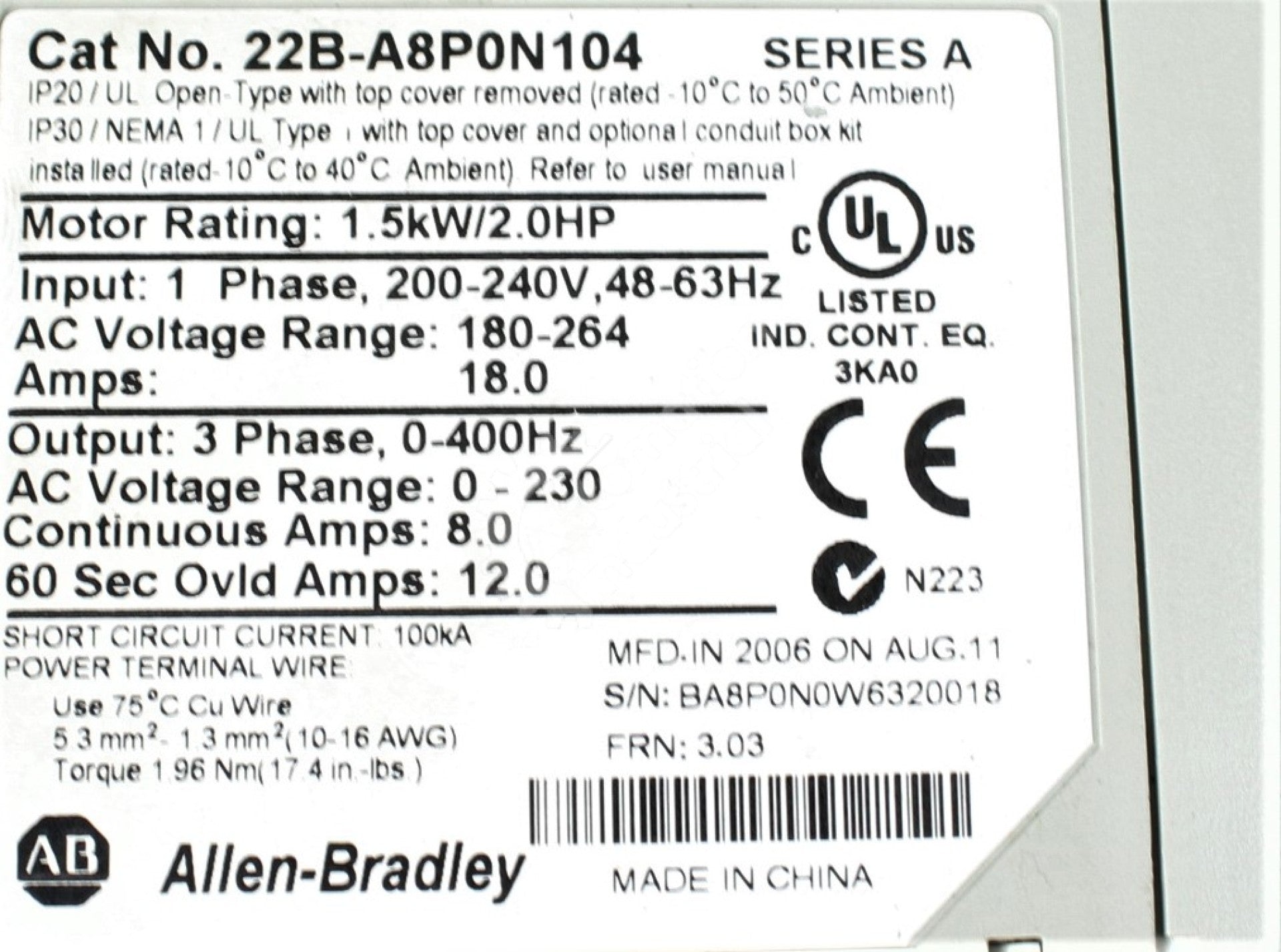 Allen-Bradley 22B-A8P0N104 2.0 Horse Power Powerflex 40 AC Drive