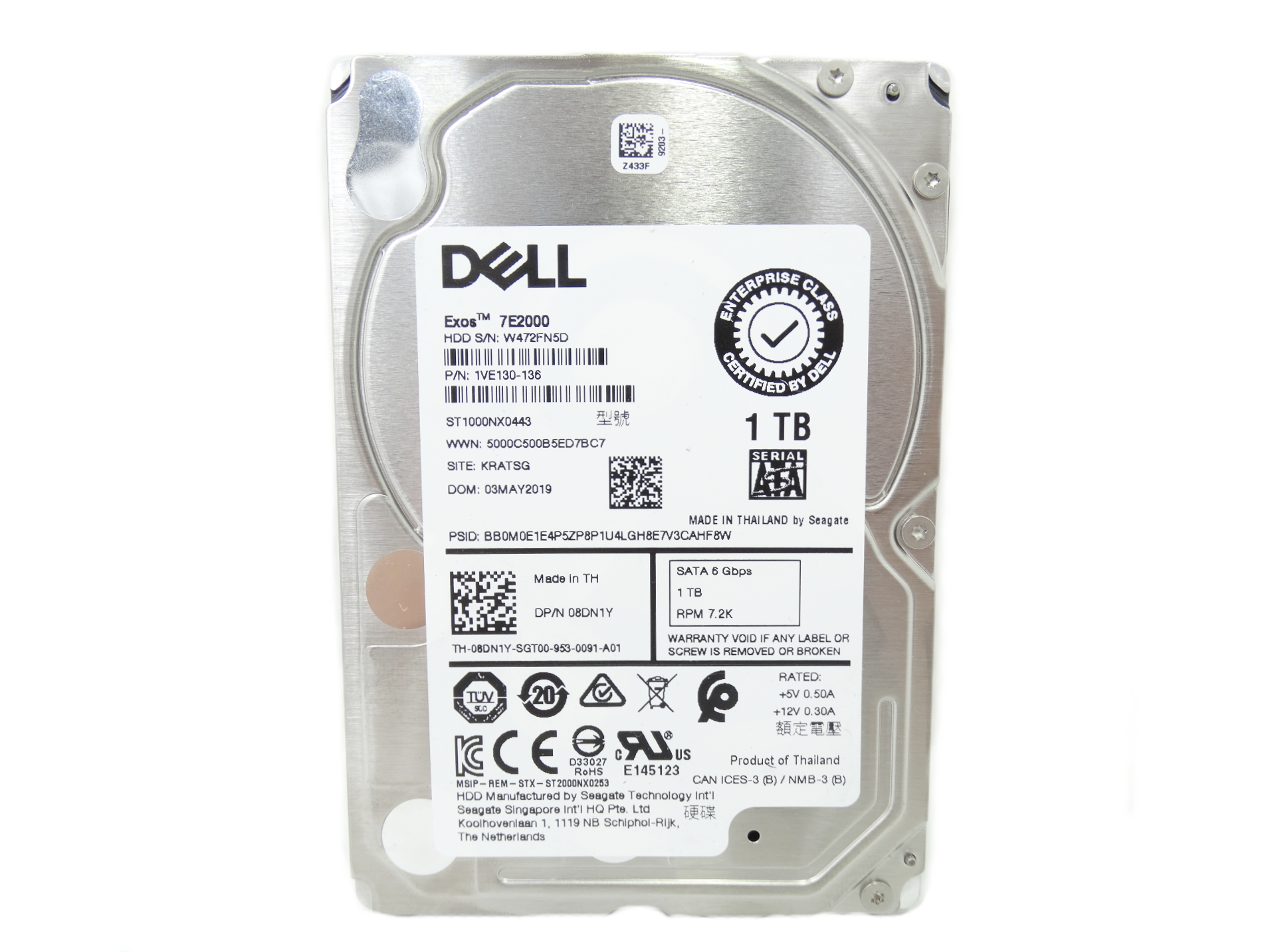 Dell 1TB 7.2K RPM SATA 6GB/s  2.5'' HDD Hard Drive (08DN1Y)