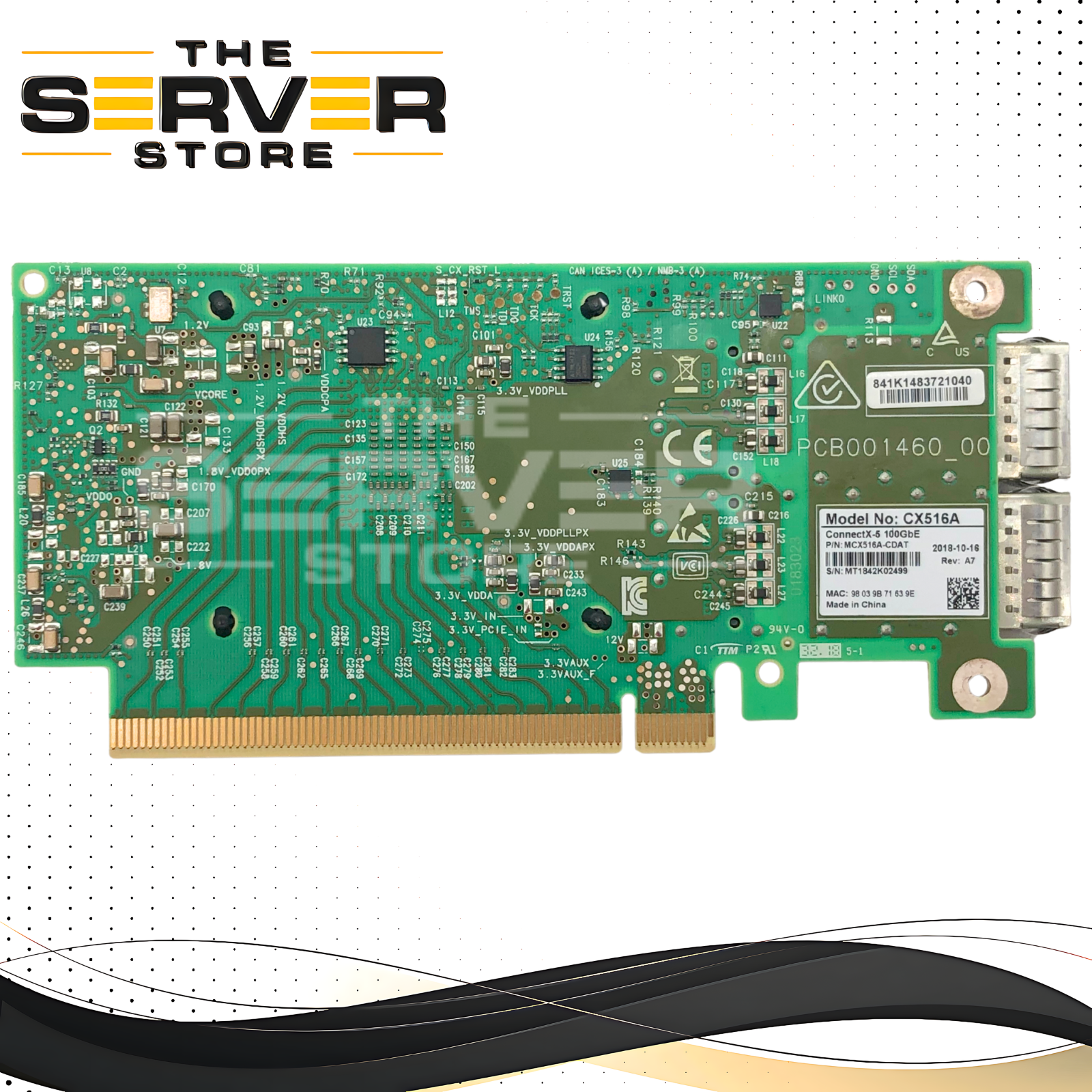 Mellanox ConnectX-5 Dual Port 100 Gigabit Ethernet (100GbE) QSFP28 PCIe Network Card (No Bracket Included). P/N: MCX516A-CDAT.