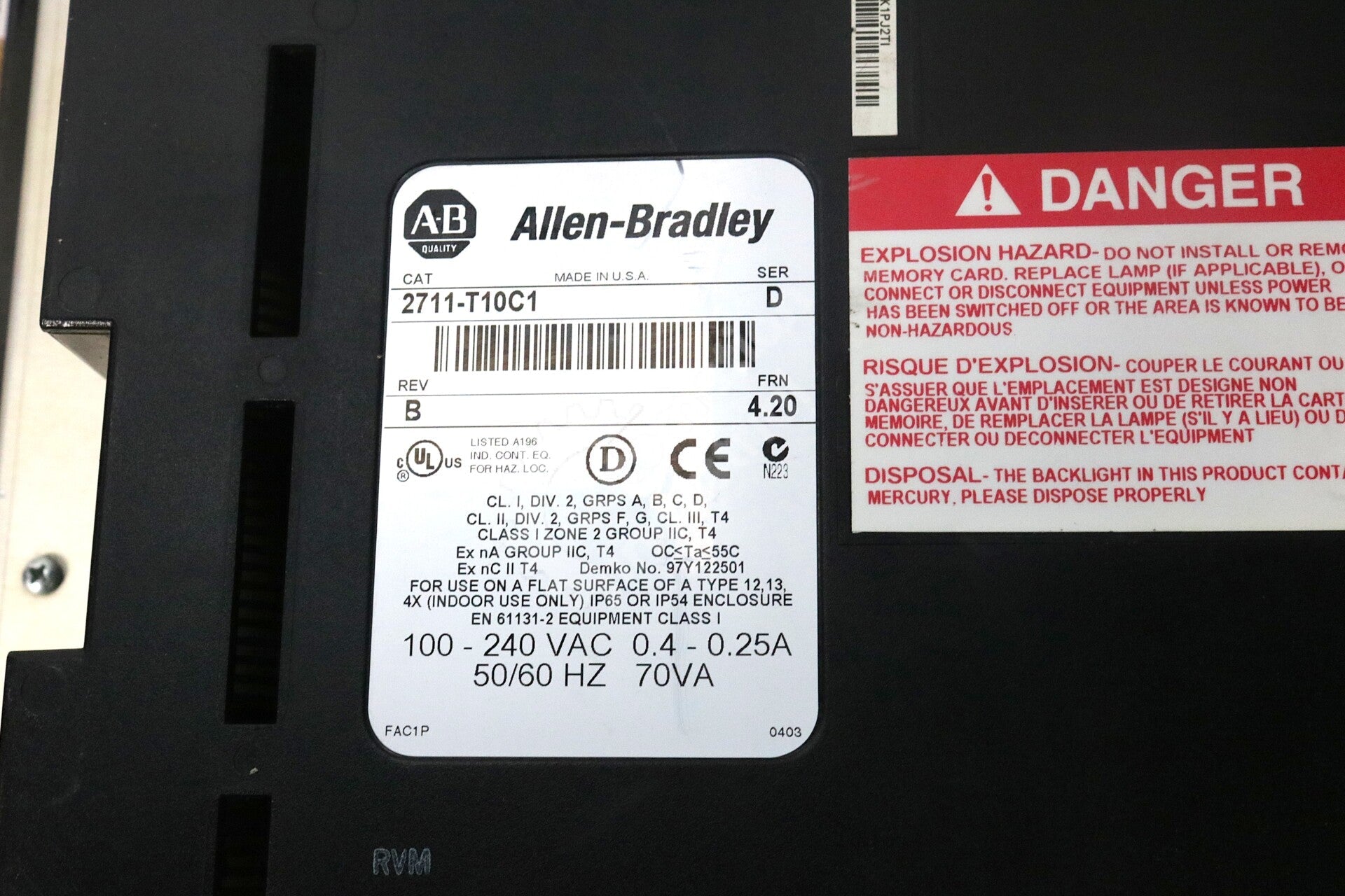 2711-T10C1 By Allen Bradley 10In 100-240VAC Color Touchscreen Operator Interface