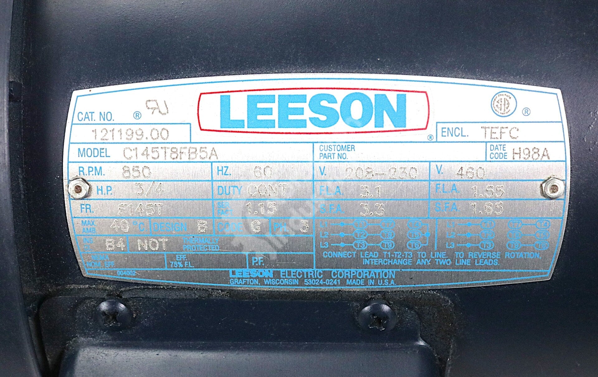 C145T8FB5A By Leeson 121199.00 460V 60Hz 850RPM General-Purpose AC Motor NSNB