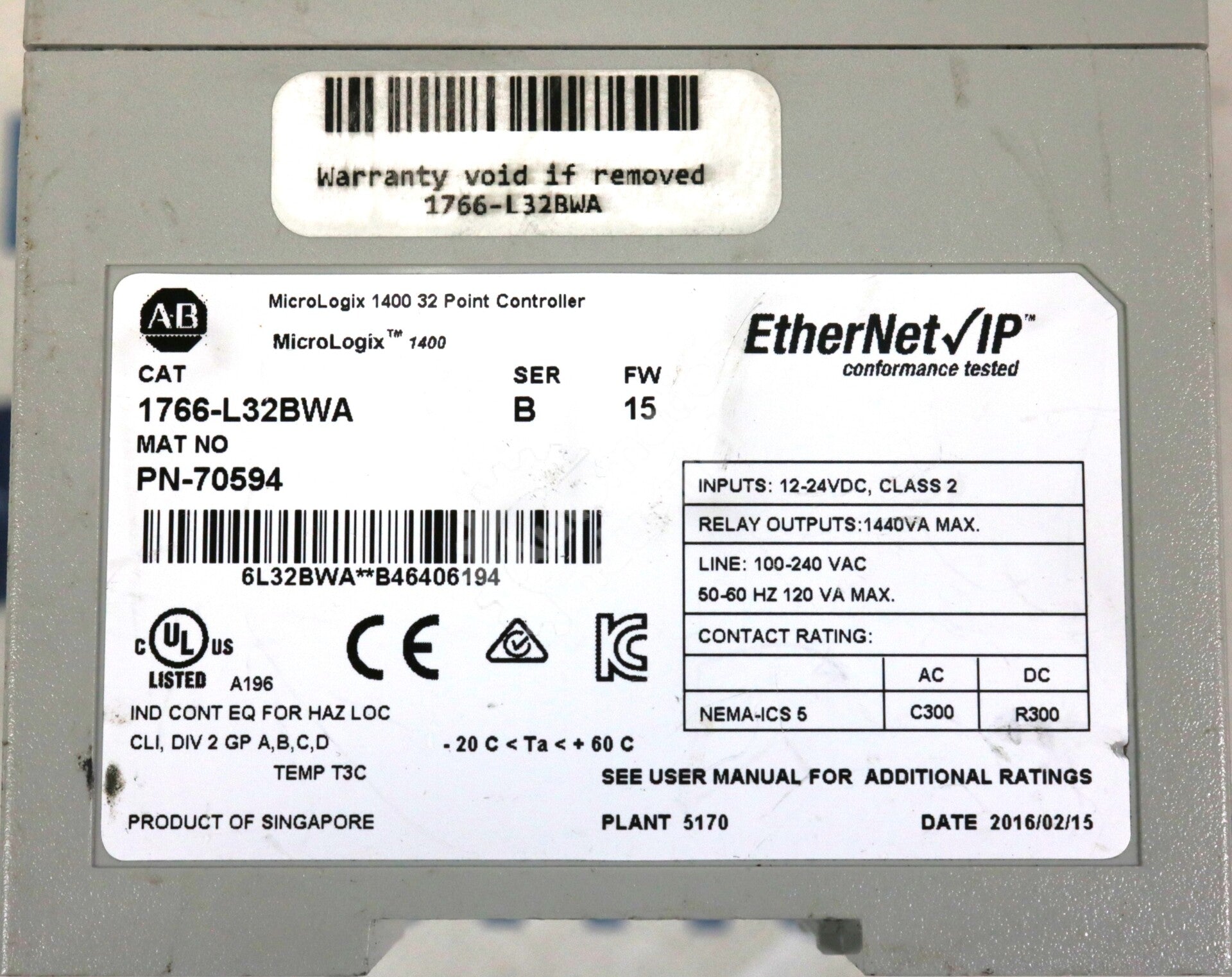 1766-L32BWA By Allen Bradley 24VDC 120/240VAC MicroLogix 32 Point Controller