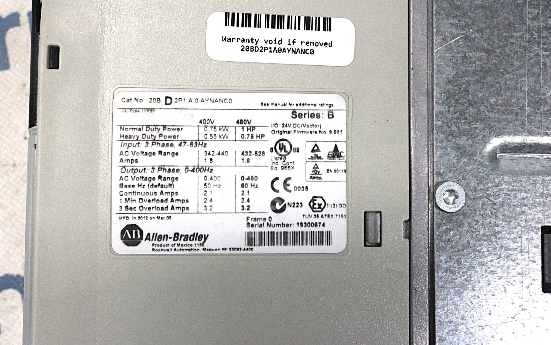 20BD2P1A0AYNANC0 By Allen Bradley 3 Phase 480V 50Hz 1HP PowerFlex 700 AC Drive