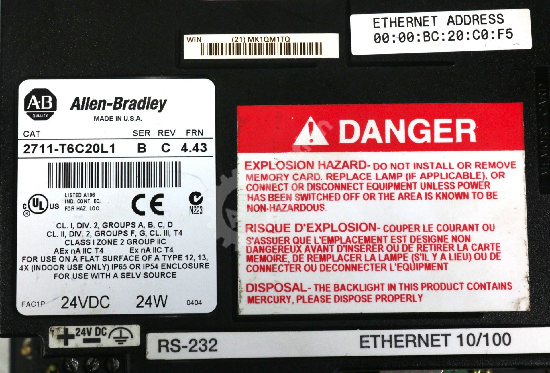 2711-T6C20L1 By Allen Bradley 5.7In 24VDC Touch Screen Operator Interface
