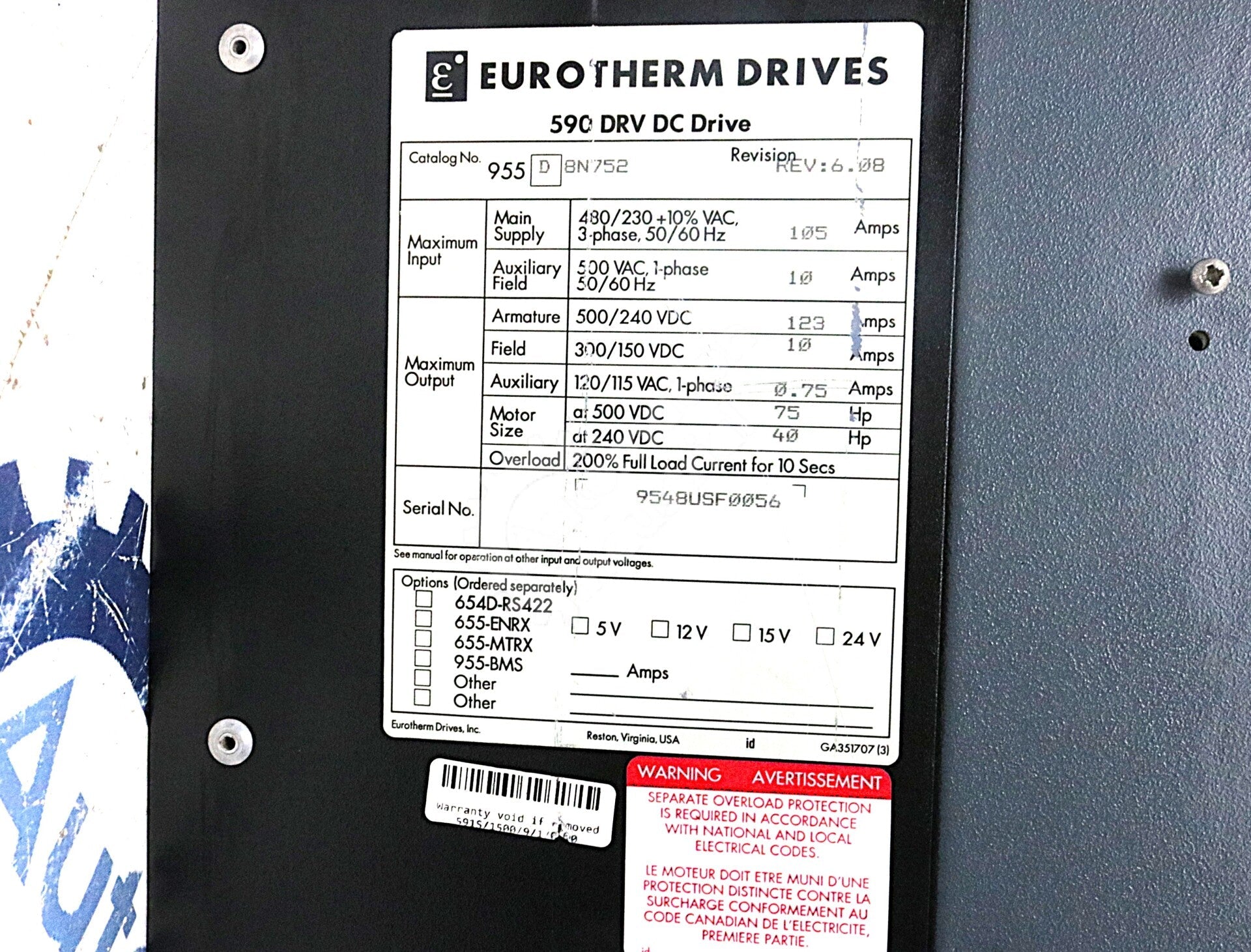 591S/1500/9/1/0/00 By Eurotherm 480VAC 3Phase 50/60Hz DC Drive