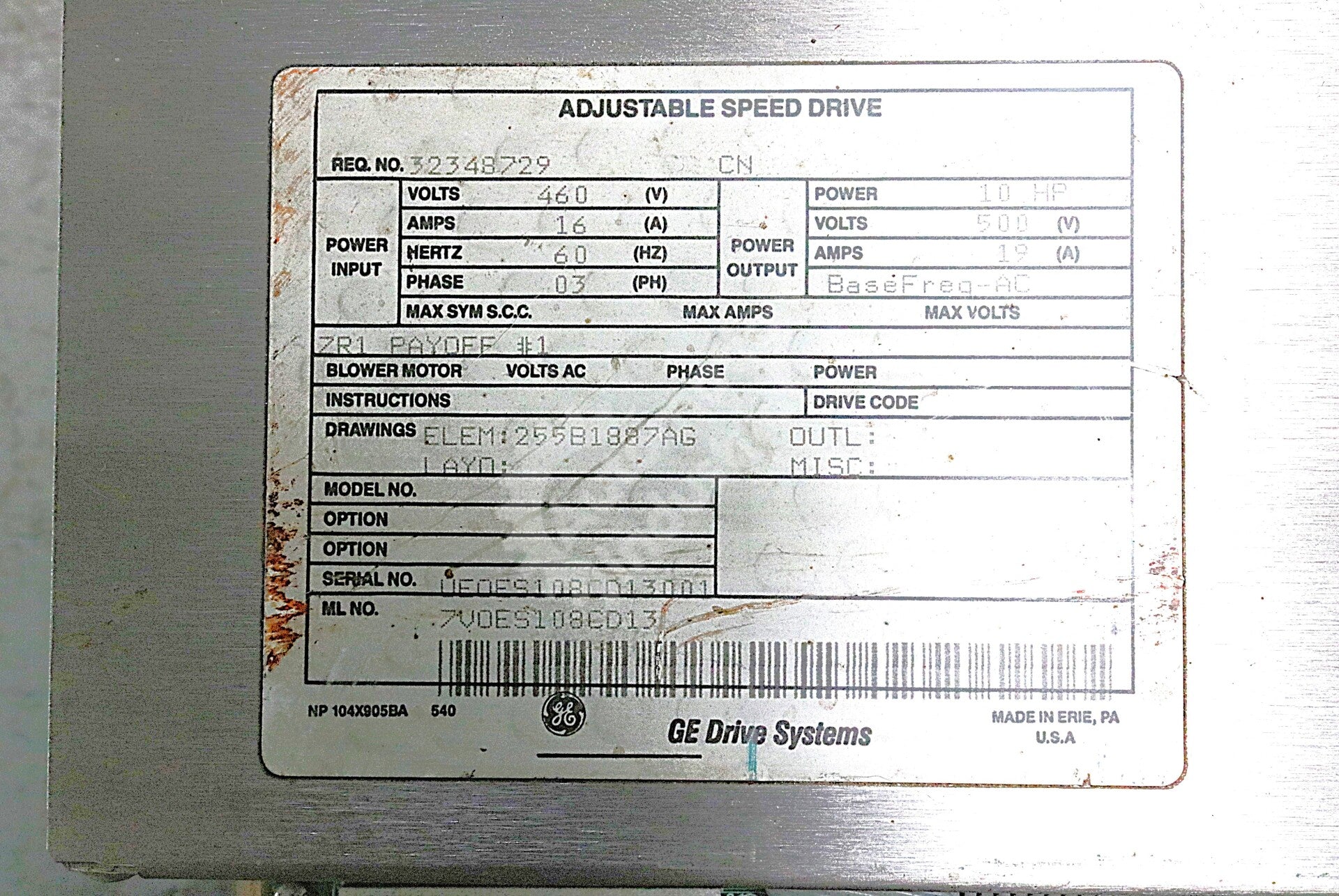 7VOES108CD13 By General Electric 460VAC 10HP Adjustable Speed Drive