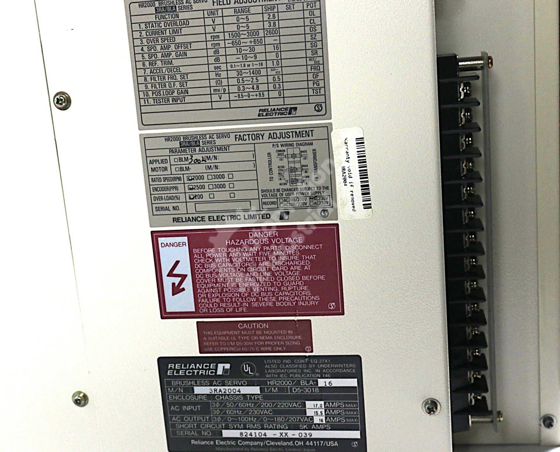 3RA2004 By Reliance Electric HR2000/BLA-16 230VAC 4HP HR2000 Brushless AC Servo