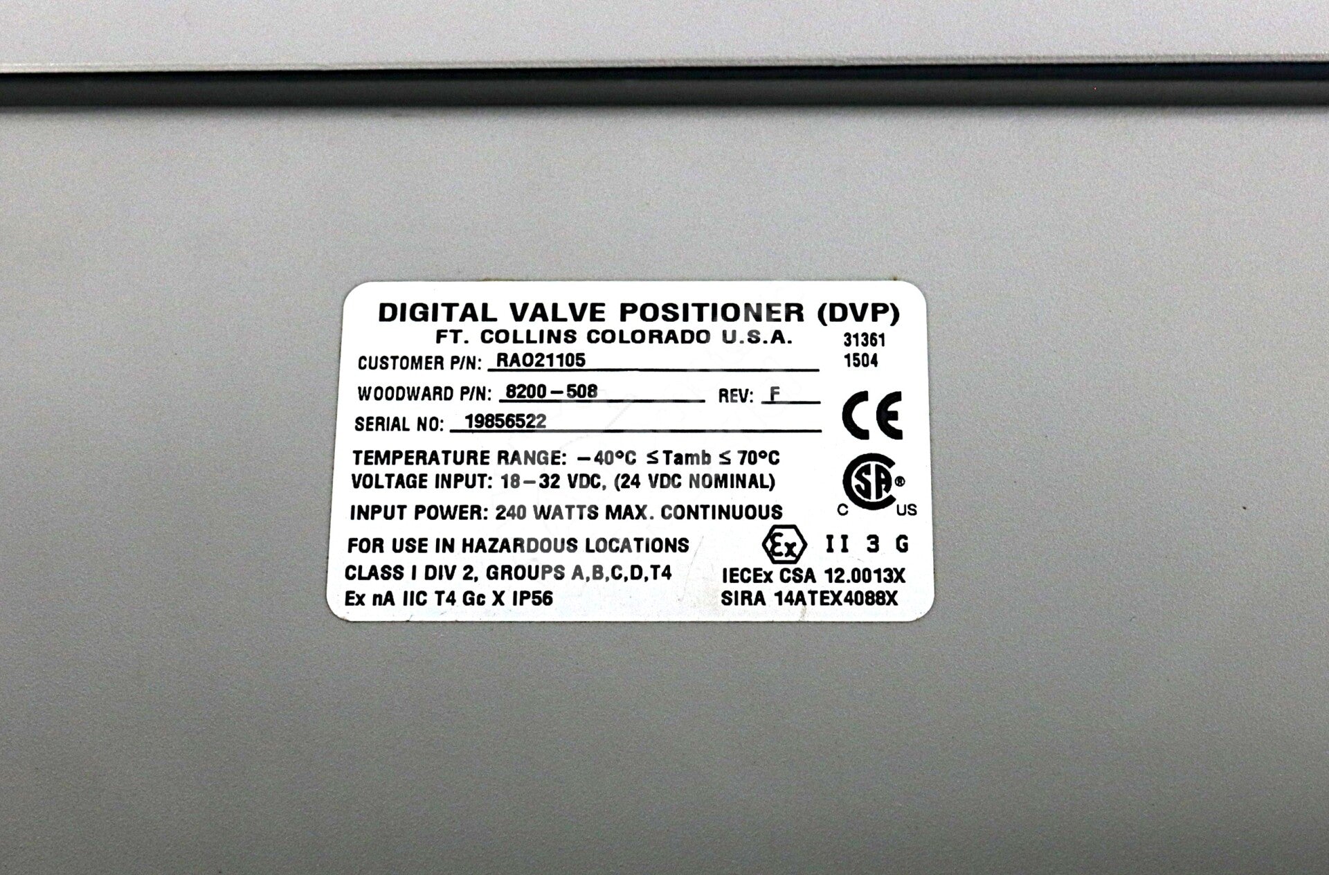8200-508 By Woodward 18-32 240 Watts VDC Digital Valve Positioner
