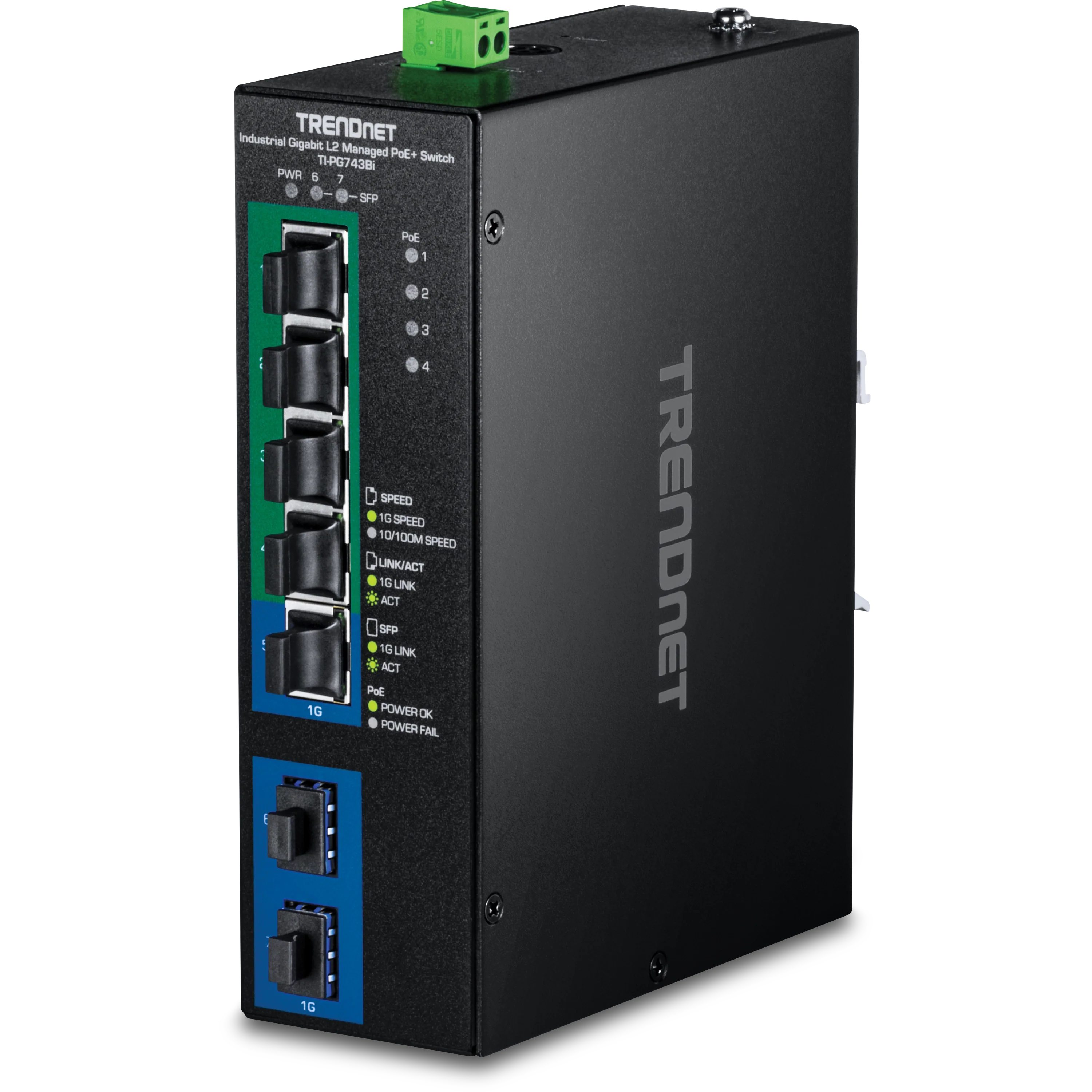 TRENDnet TI-PG743Bi 7-Port Industrial Gigabit L2 Managed PoE+ DIN-Rail Switch 24-57V