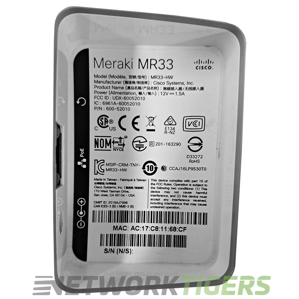 Cisco Meraki MR33-HW Quad Radio 802.11ac Wave 2 2x2:2 MU-MIMO Unclaimed WAP