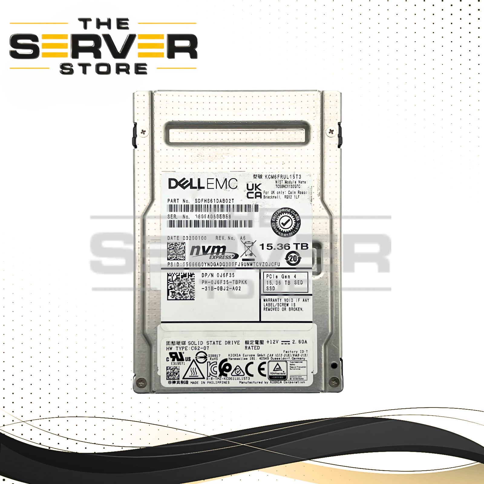 Dell EMC 15.36TB NVMe U.3 PCIe Gen 4.0 x4 RI SFF 2.5" SED SSD Kioxia CM6-R Series KCM6FRUL15T3 0J6F35 J6F35