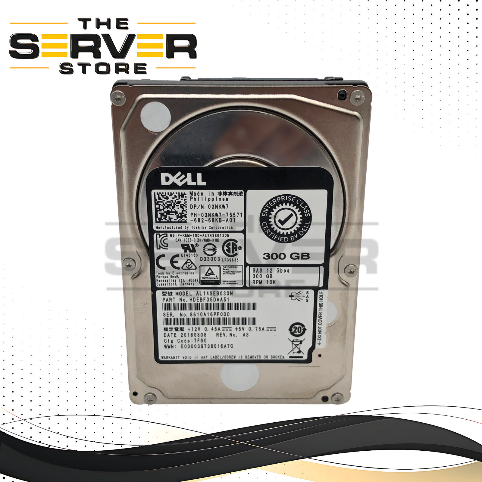 Dell Toshiba 300GB 10000RPM 12Gb/s SAS 2.5-inch SFF Enterprise Hard Disk Drive. P/N: 3NKW7, 03NKW7.