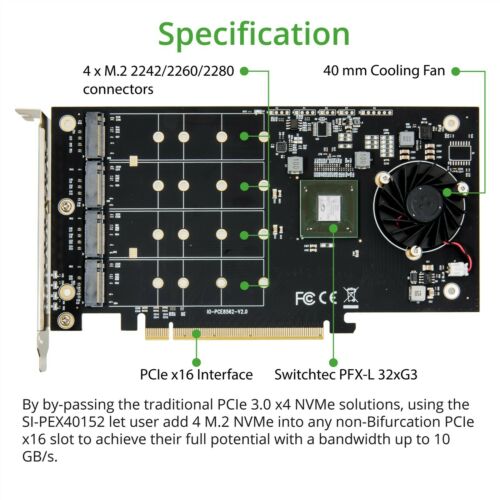 Controladora Quad M.2 M-key NVMe Slot PCIe 3.0 x16 Bifurcation Riser Controller Card Non-RAID - MFerraz Tecnologia